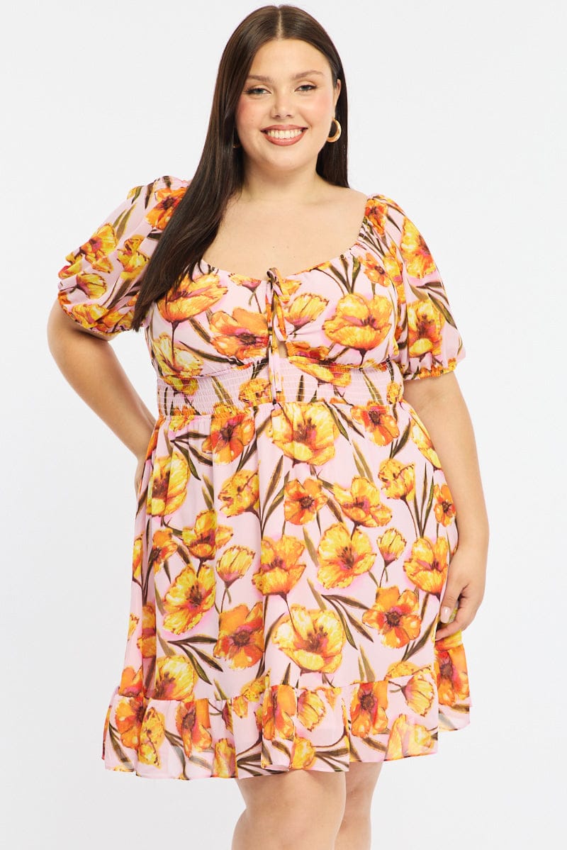Pink Floral Skater Dress Short Sleeve Cut Out for YouandAll Fashion