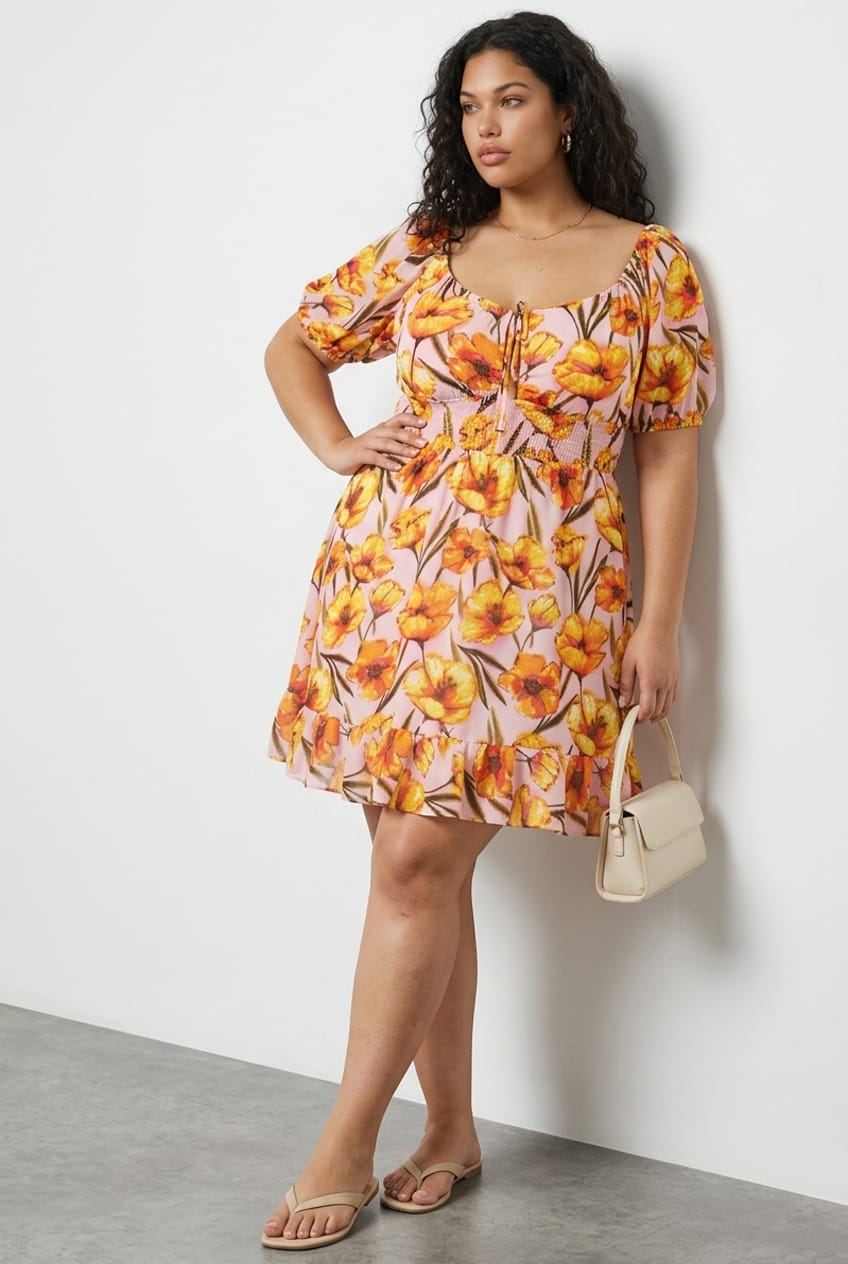 Pink Floral Skater Dress Short Sleeve Cut Out for YouandAll Fashion