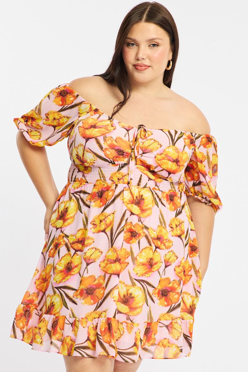 Pink Floral Skater Dress Short Sleeve Cut Out for YouandAll Fashion