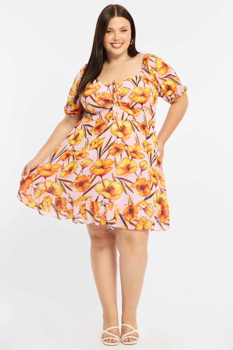 Pink Floral Skater Dress Short Sleeve Cut Out