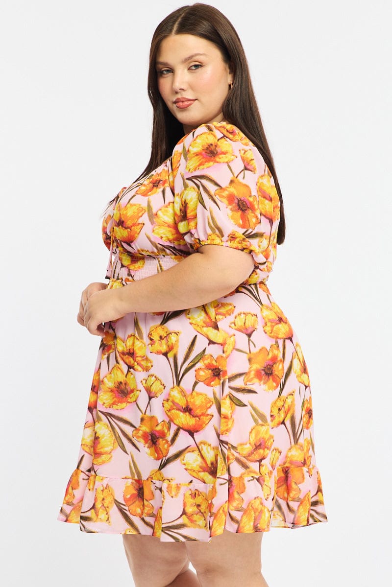 Pink Floral Skater Dress Short Sleeve Cut Out for YouandAll Fashion