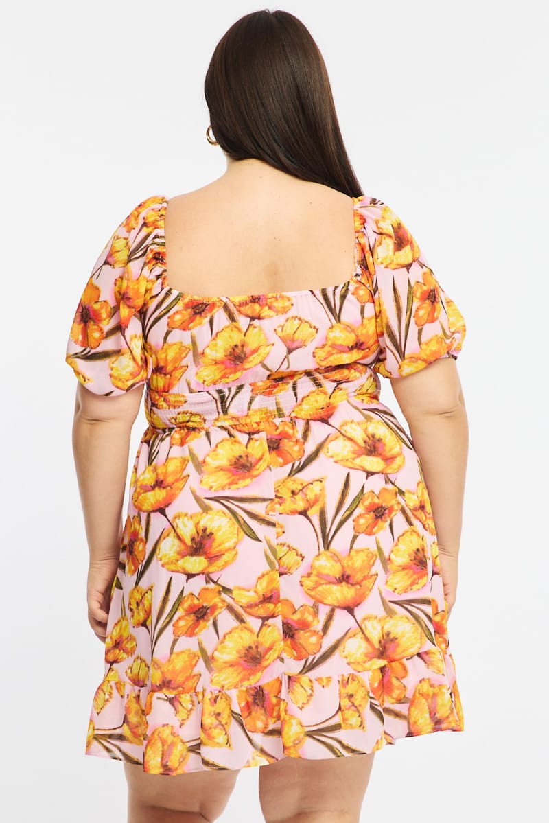 Pink Floral Skater Dress Short Sleeve Cut Out for YouandAll Fashion