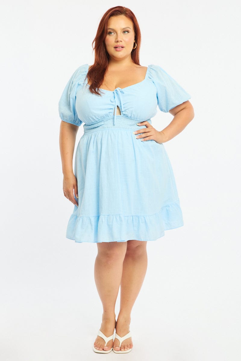 Blue Skater Dress Short Sleeve Cut Out for YouandAll Fashion