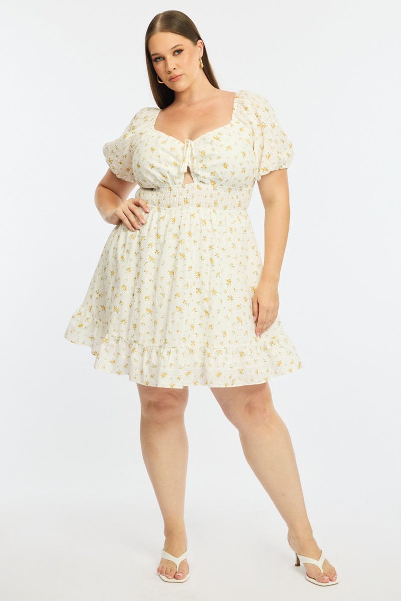 Yellow Ditsy Skater Dress Short Sleeve Cut Out for YouandAll Fashion