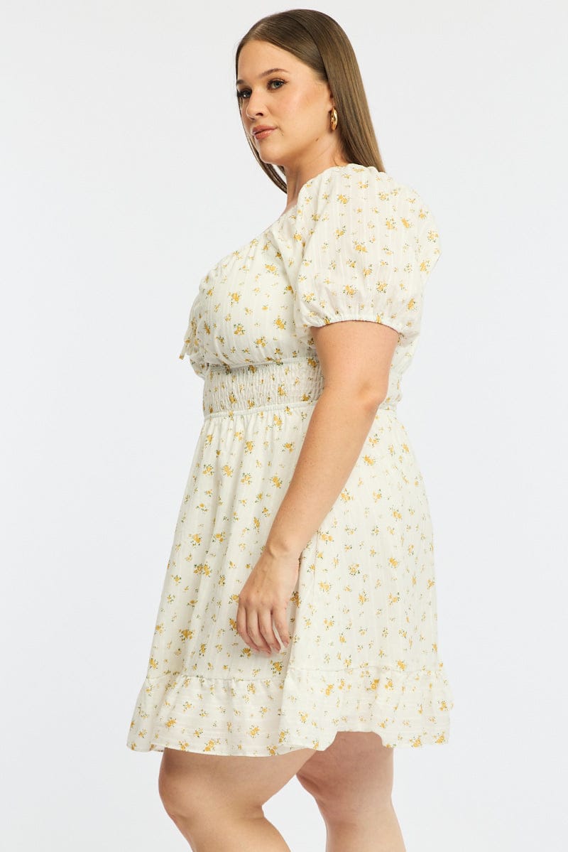 Yellow Ditsy Skater Dress Short Sleeve Cut Out for YouandAll Fashion