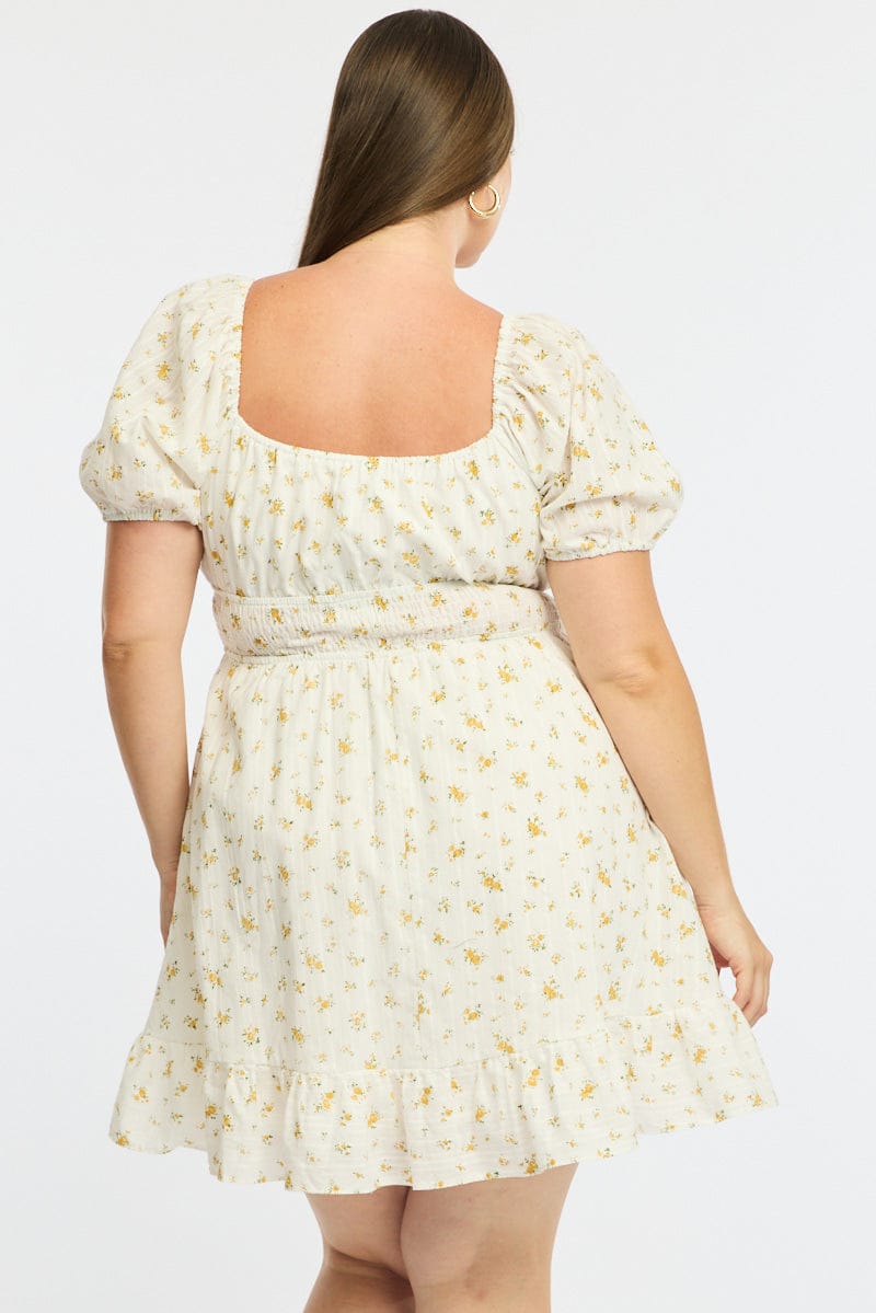 Yellow Ditsy Skater Dress Short Sleeve Cut Out for YouandAll Fashion