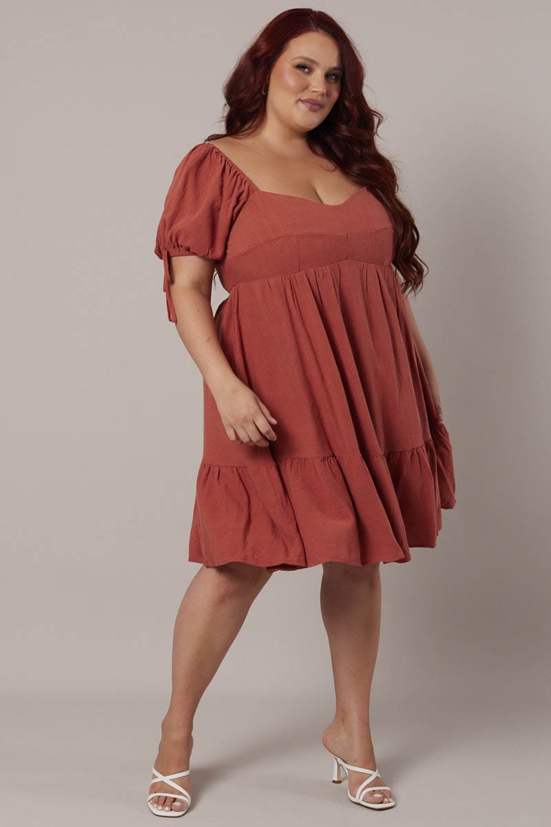 Brown Skater Dress Puff Sleeve Frill Hem for YouandAll Fashion