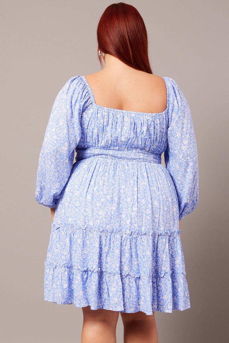 Blue Ditsy Long Sleeve Shirred Waist Minidress for YouandAll Fashion