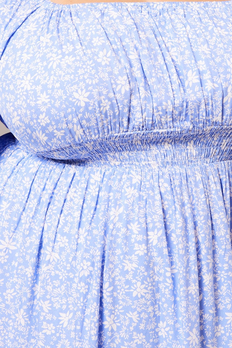 Blue Ditsy Long Sleeve Shirred Waist Minidress for YouandAll Fashion
