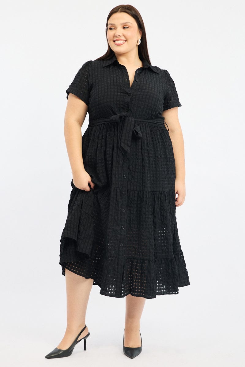 Black Shirt Dress Short Sleeve Tiered Self Check for YouandAll Fashion
