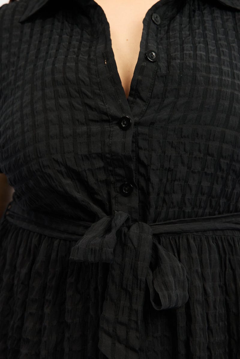 Black Shirt Dress Short Sleeve Tiered Self Check for YouandAll Fashion