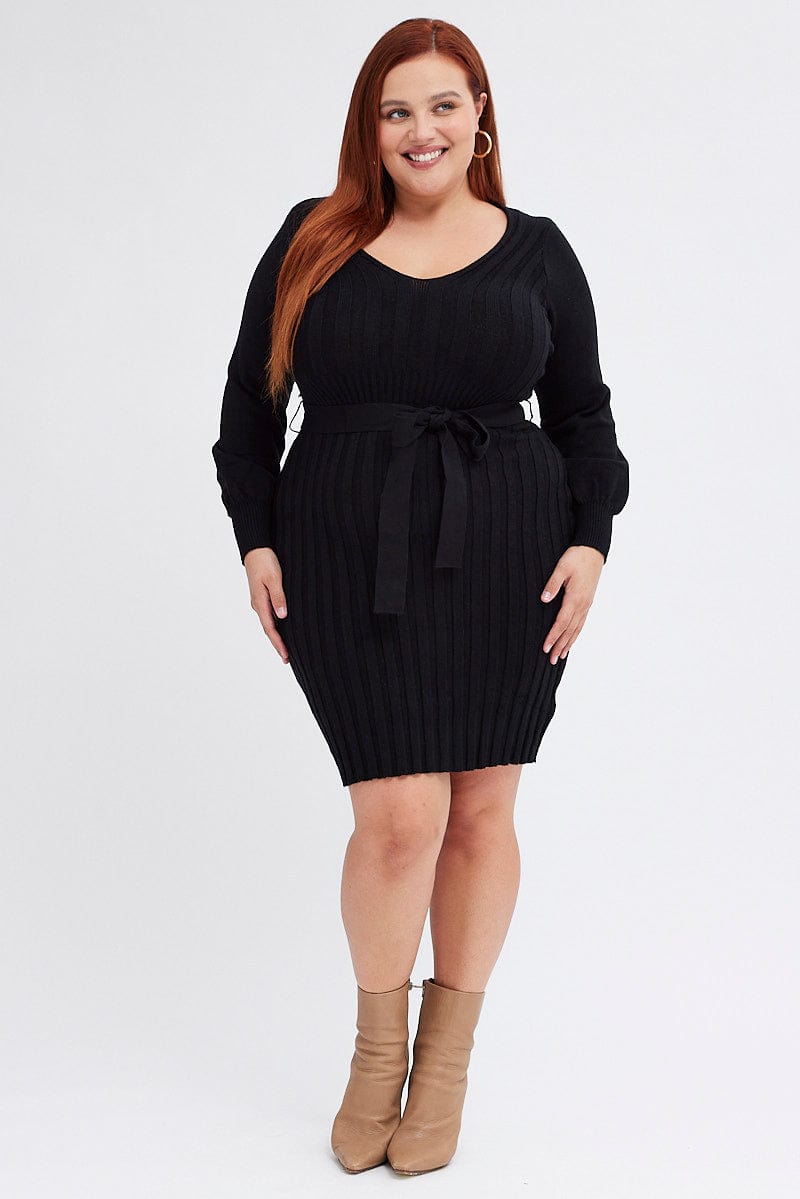 Black Knit Dress Long Sleeve Wide Rib Belted for YouandAll Fashion