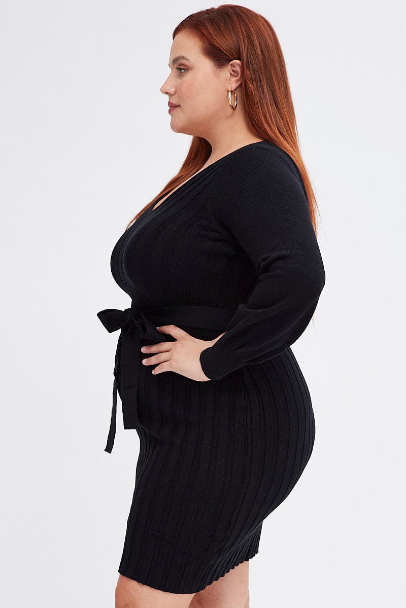 Black Knit Dress Long Sleeve Wide Rib Belted for YouandAll Fashion