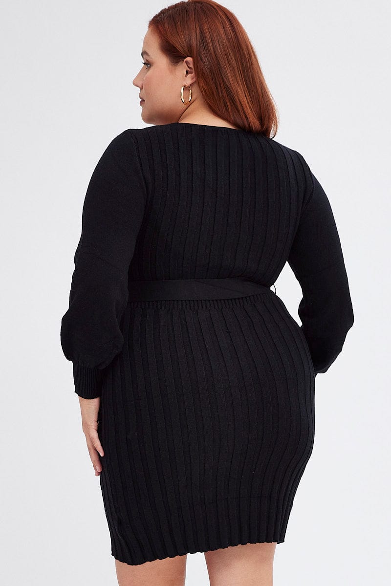 Black Knit Dress Long Sleeve Wide Rib Belted for YouandAll Fashion