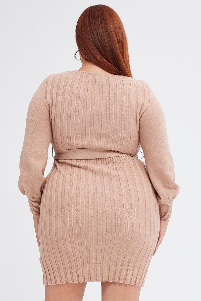 Beige Knit Dress Long Sleeve Wide Rib Belted | You & All Beige Knit Dress Long Sleeve Wide Rib Belted | You & All