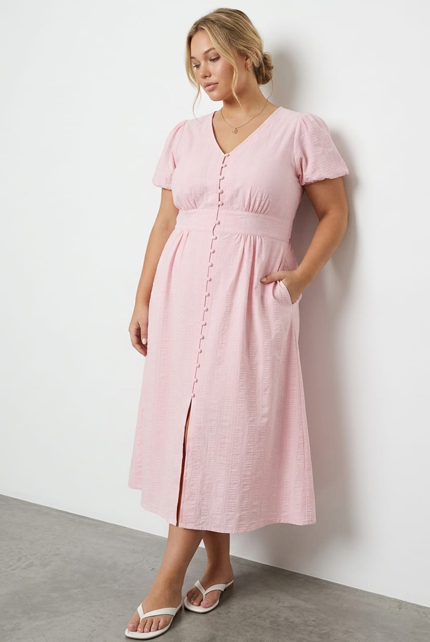 Pink Midi Dress Short Sleeve V-Neck Textured for YouandAll Fashion