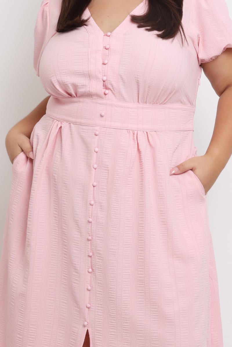 Pink Midi Dress Short Sleeve V-Neck Textured for YouandAll Fashion