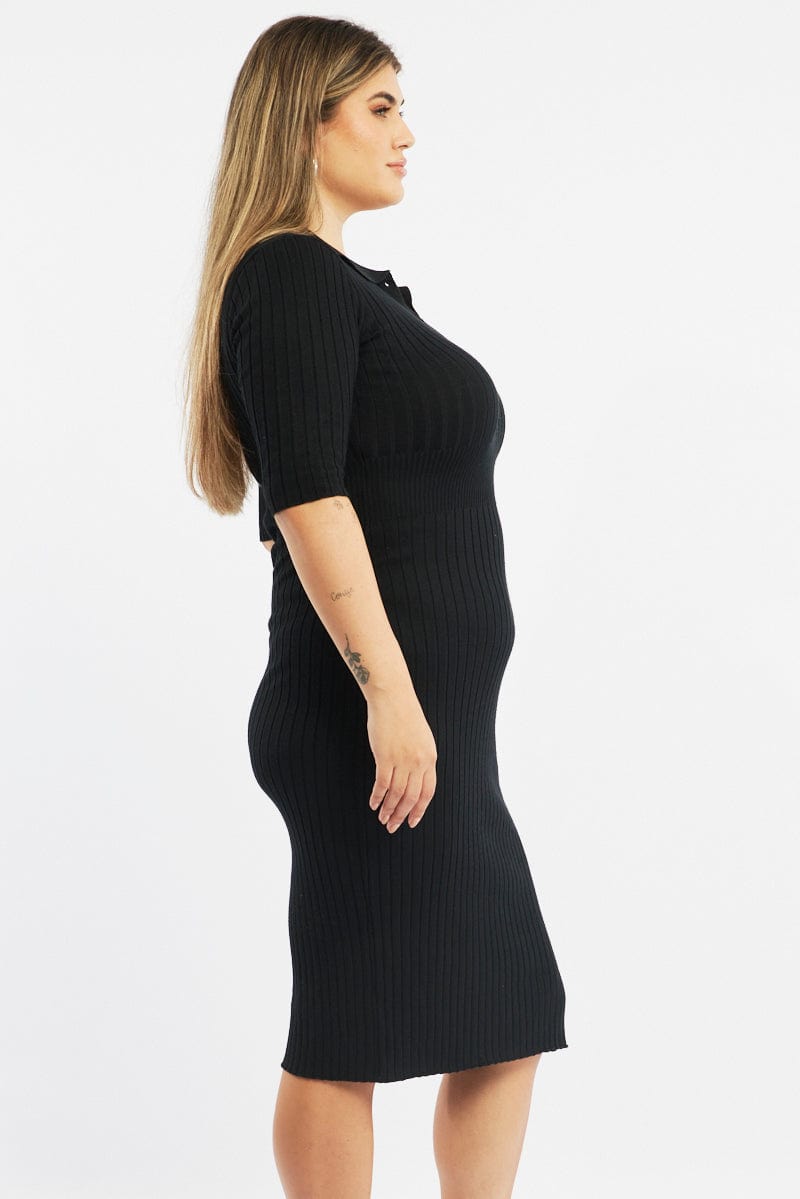 collared ribbed bodycon dress Collared Ribbed Bodycon Maxi Knitted short sleeve Dress Black