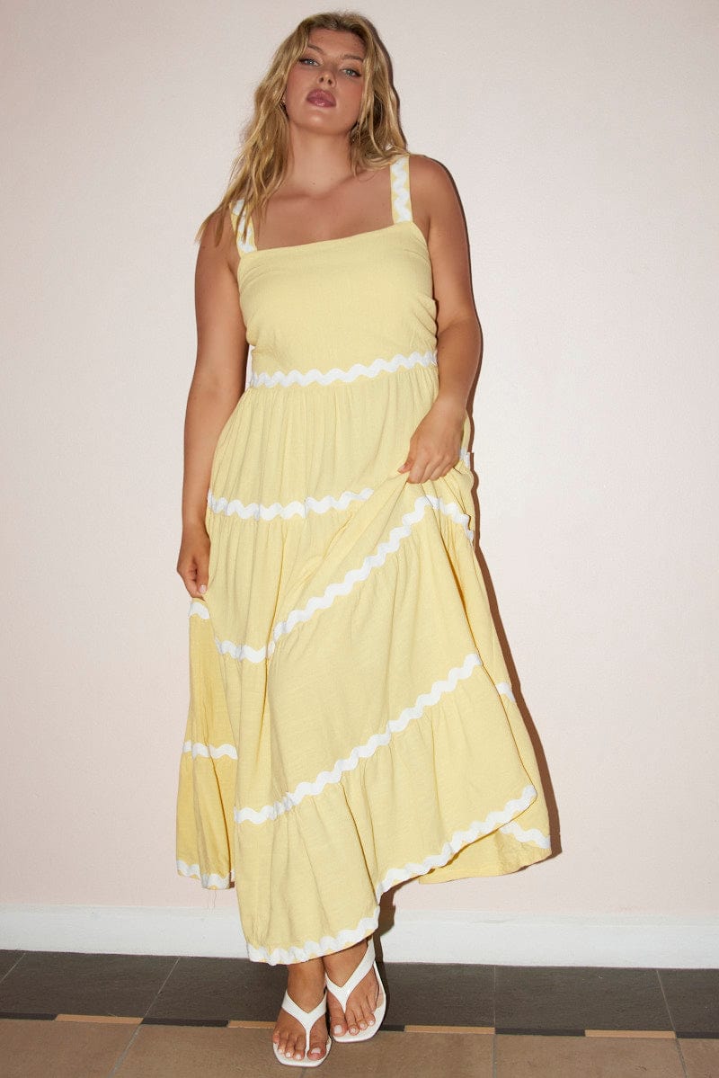 Yellow Midi Dress Sleeveless Ric Rac Tiered Linen Blend for YouandAll Fashion