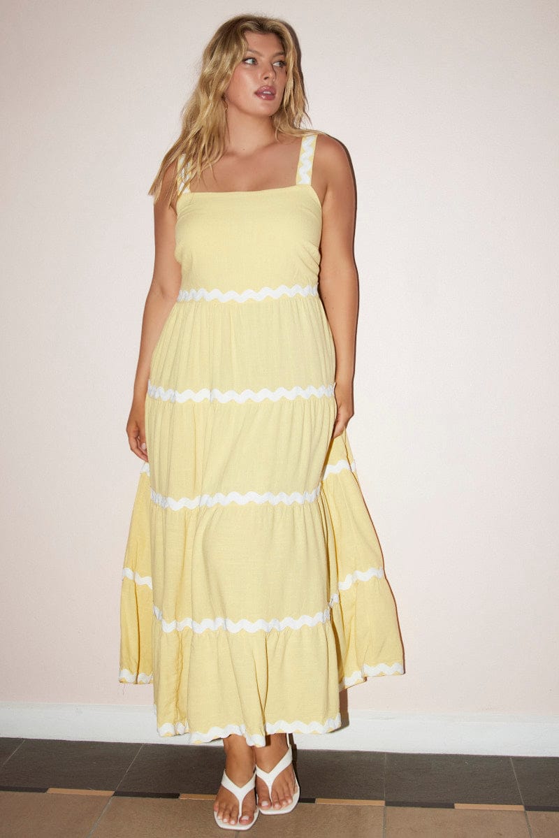 Yellow Midi Dress Sleeveless Ric Rac Tiered Linen Blend for YouandAll Fashion