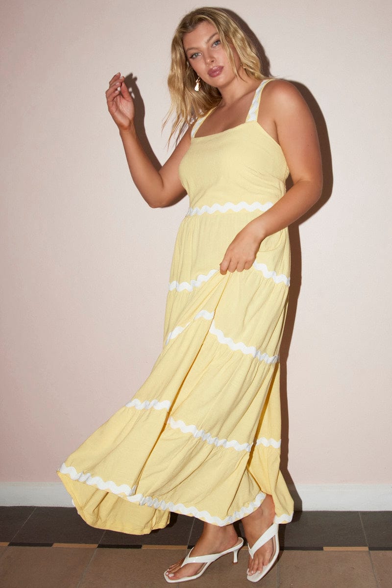 Yellow Midi Dress Sleeveless Ric Rac Tiered Linen Blend for YouandAll Fashion