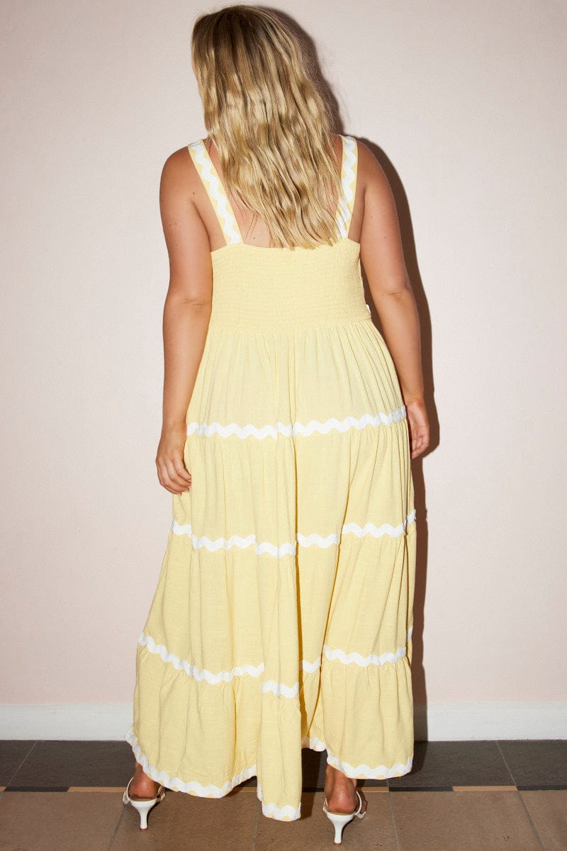 Yellow Midi Dress Sleeveless Ric Rac Tiered Linen Blend for YouandAll Fashion