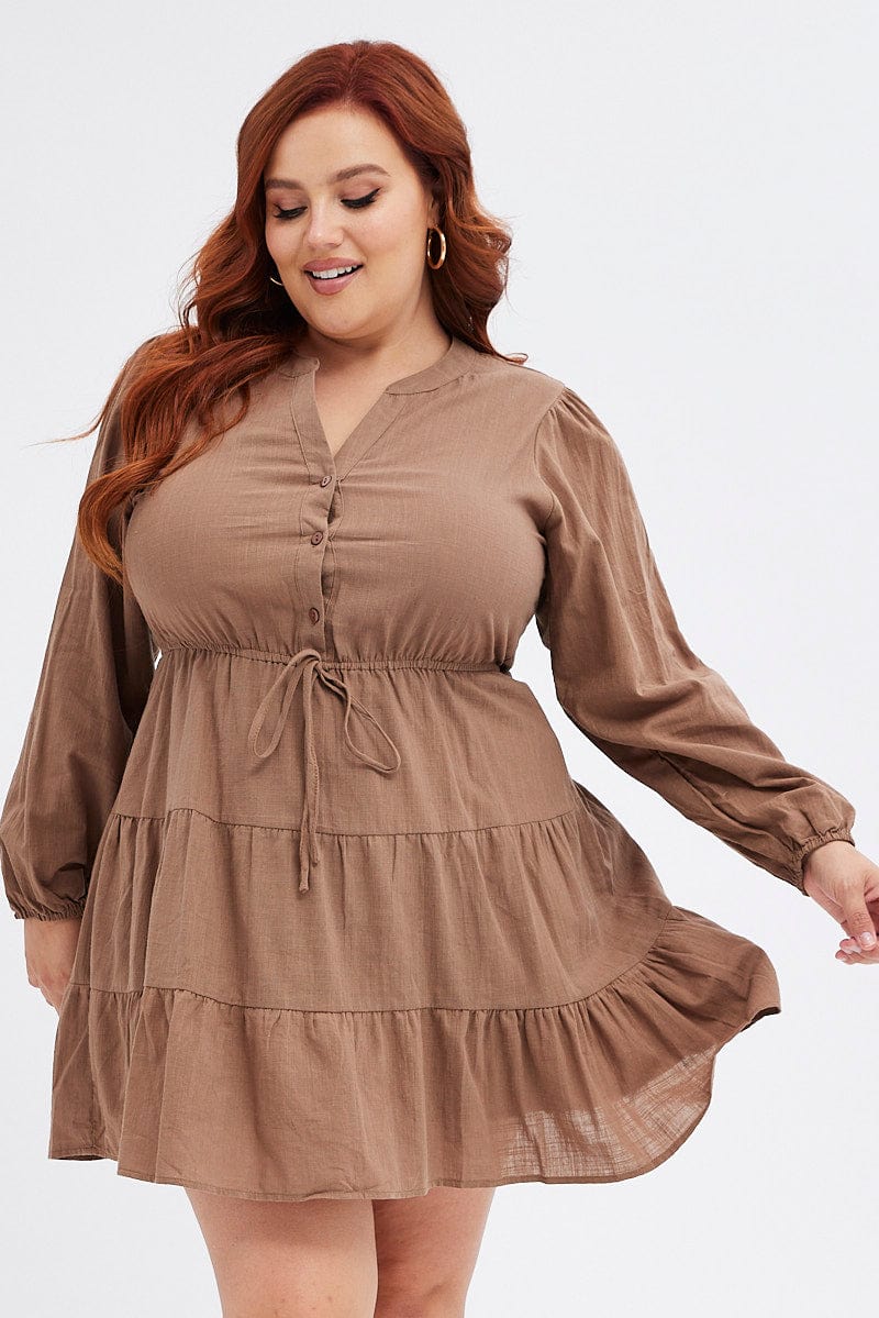 Brown Shirt Dress Long Sleeve V-Neck Tiered for YouandAll Fashion