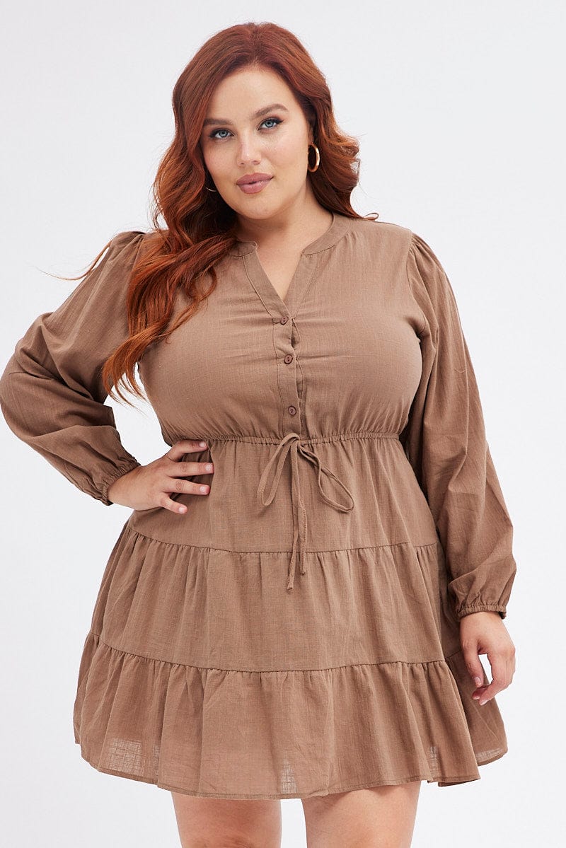 Brown Shirt Dress Long Sleeve V-Neck Tiered for YouandAll Fashion