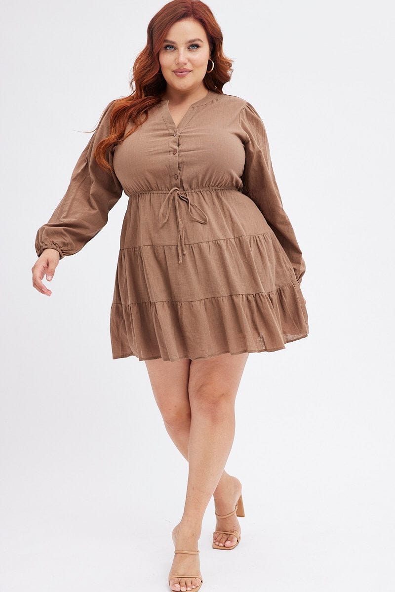 Brown Shirt Dress Long Sleeve V-Neck Tiered for YouandAll Fashion