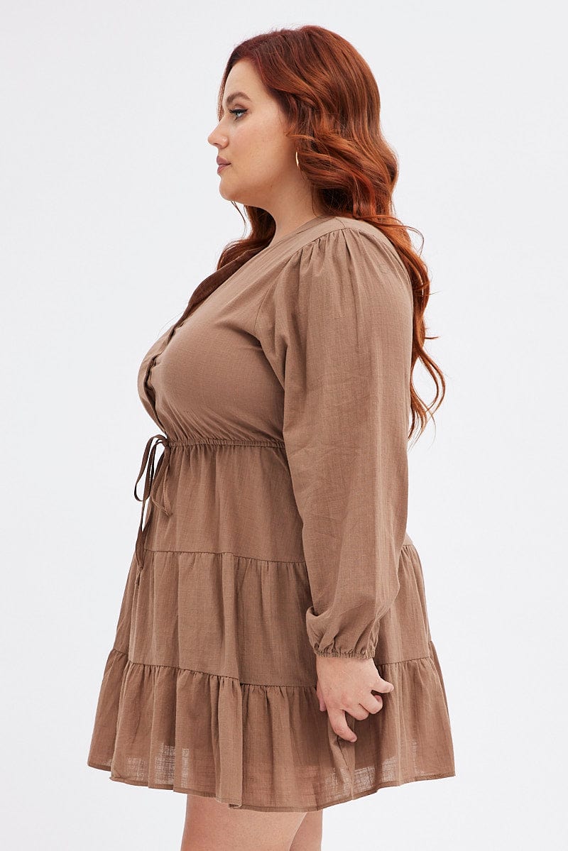 Brown Shirt Dress Long Sleeve V-Neck Tiered for YouandAll Fashion