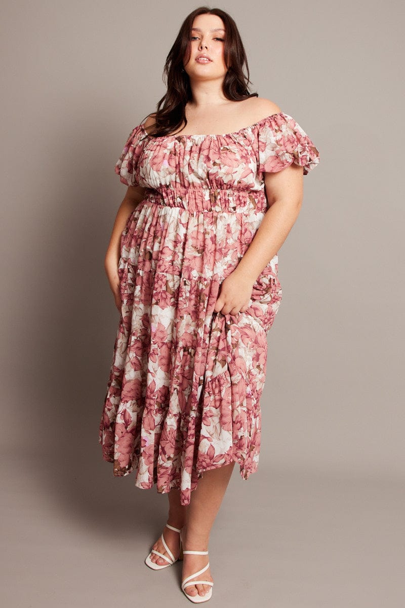 Pink Floral Midi Dress Short Sleeve Ruched for YouandAll Fashion