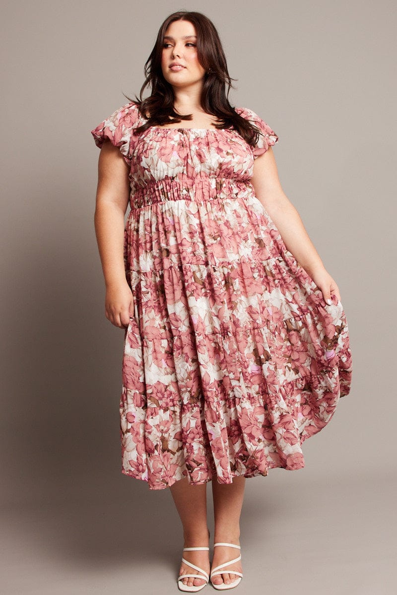 Pink Floral Midi Dress Short Sleeve Ruched for YouandAll Fashion