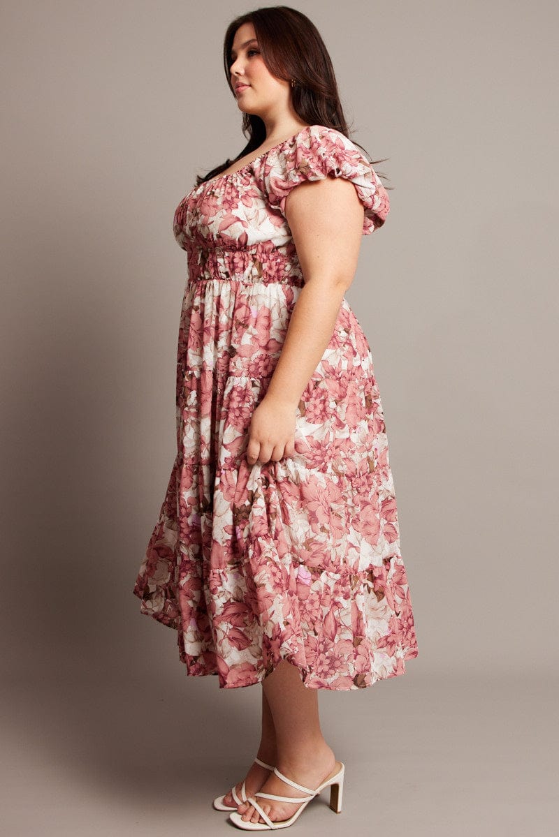 Pink Floral Midi Dress Short Sleeve Ruched for YouandAll Fashion