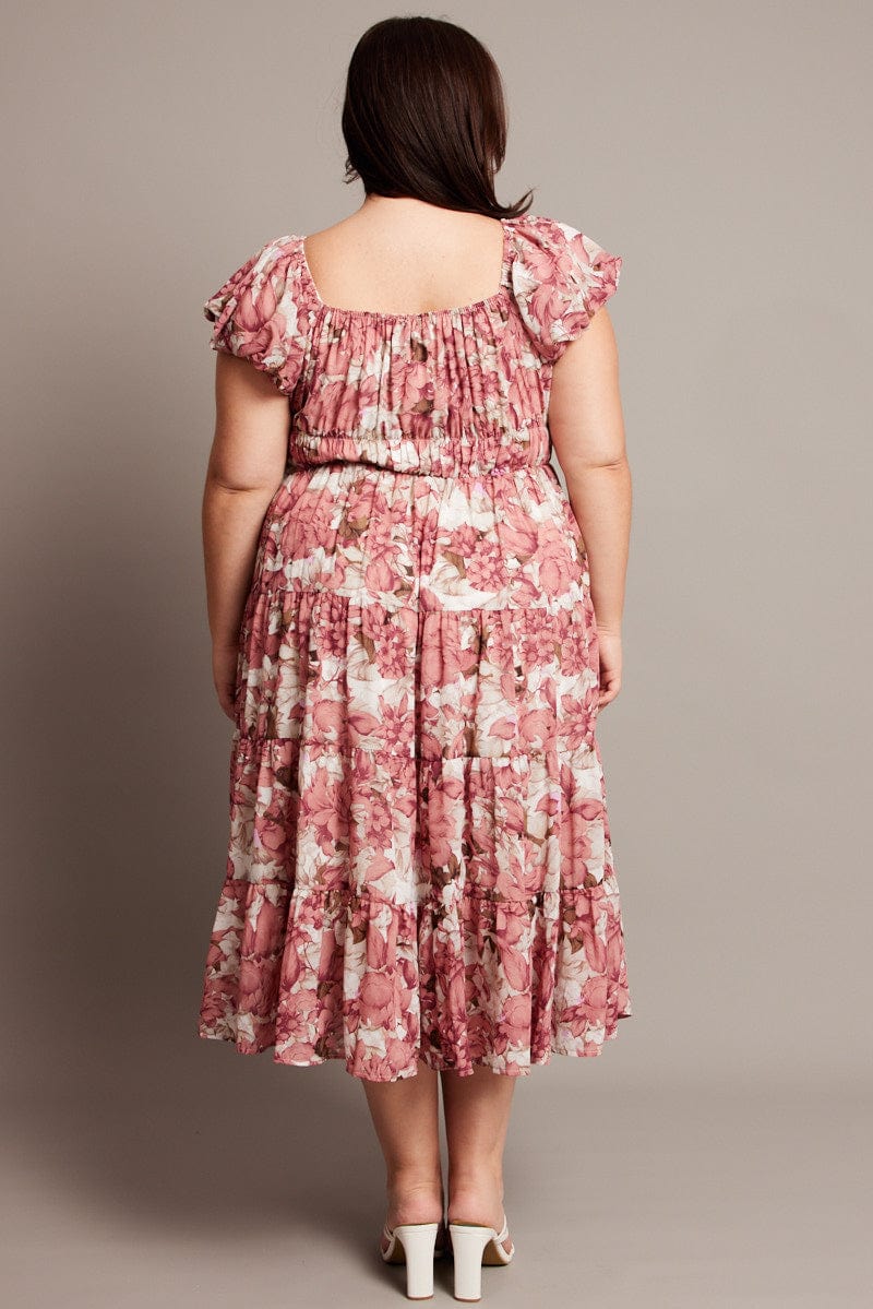 Pink Floral Midi Dress Short Sleeve Ruched for YouandAll Fashion