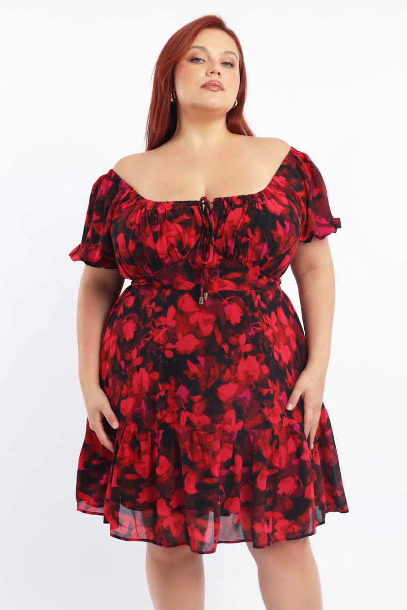 Red Floral Chiffon Blur Floral Sweetheart Flared Minidress | You & All