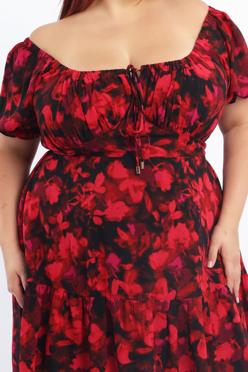 Red Floral Chiffon Blur Floral Sweetheart Flared Minidress for YouandAll Fashion