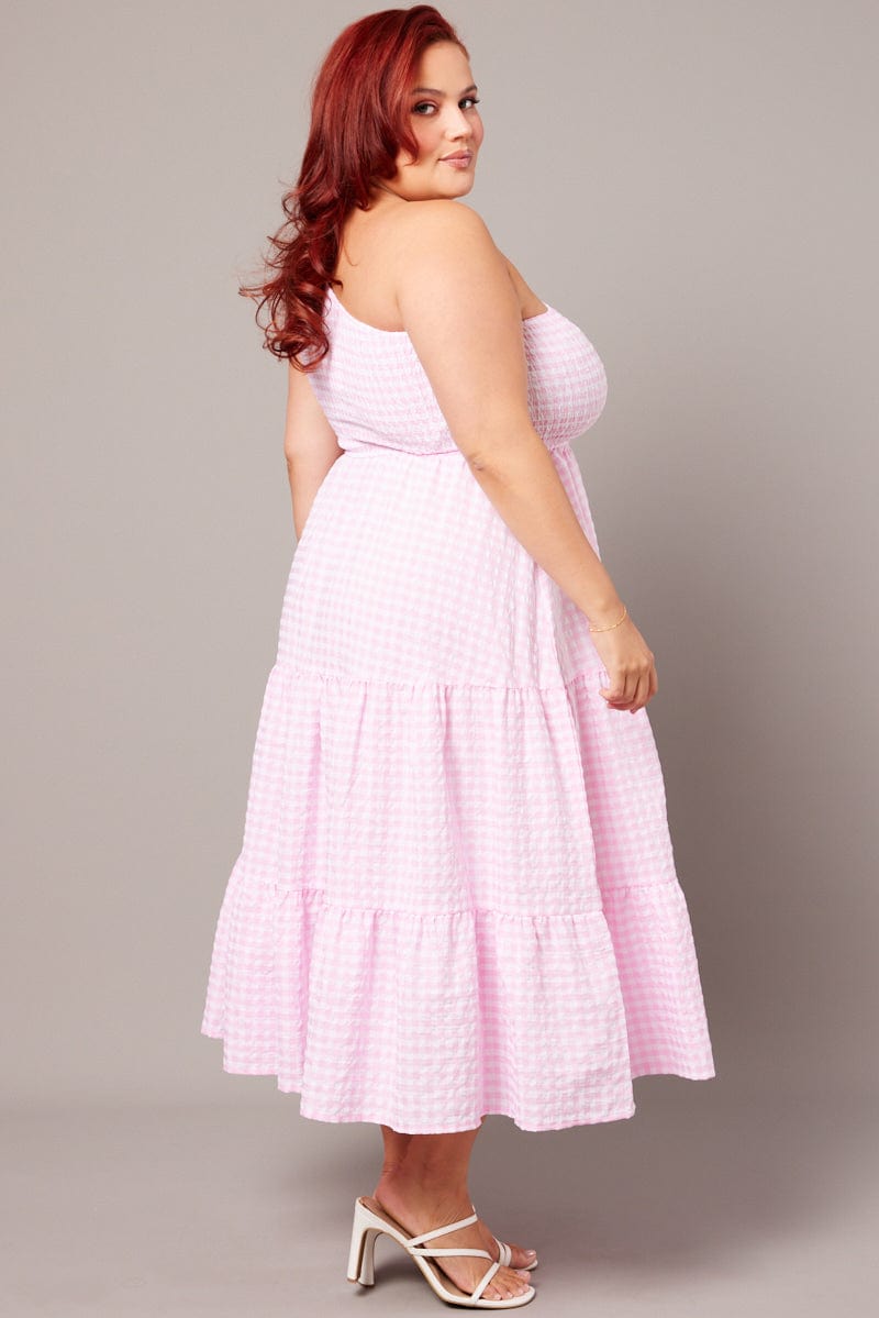 Pink Check Midi Dress One Shoulder for YouandAll Fashion