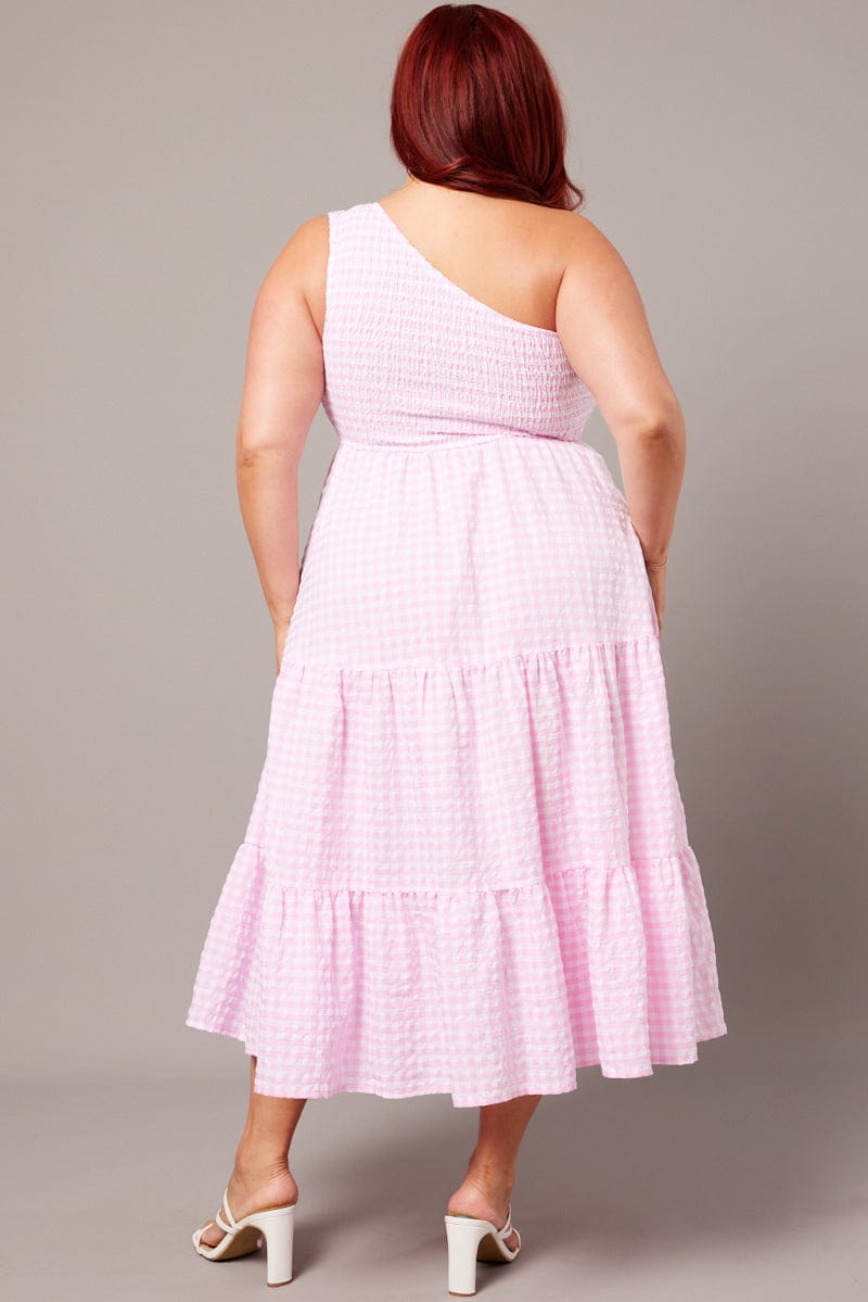 Pink Check Midi Dress One Shoulder for YouandAll Fashion