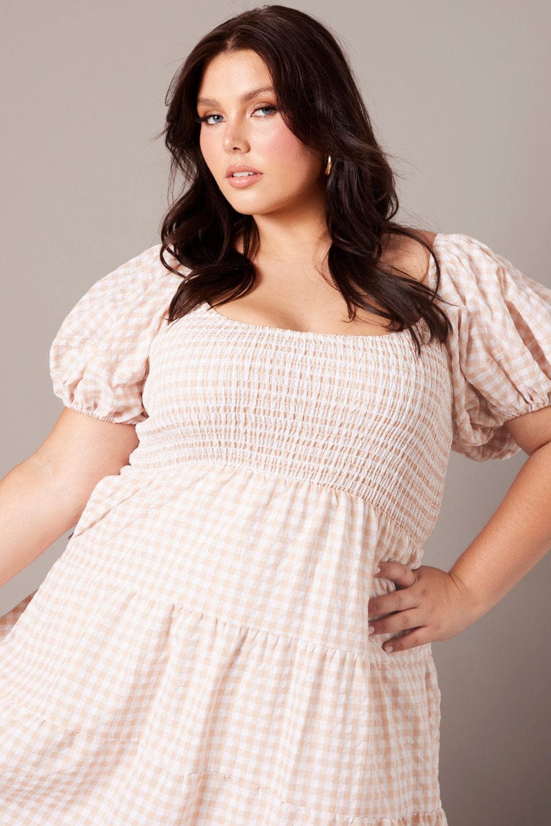 Beige Check Midi Dress Short Sleeve Shirred | You & All Beige Check Midi Dress Short Sleeve Shirred | You & All