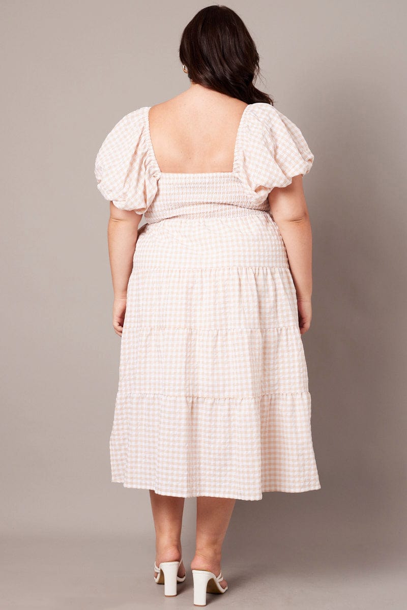 Beige Check Midi Dress Short Sleeve Shirred | You & All Beige Check Midi Dress Short Sleeve Shirred | You & All