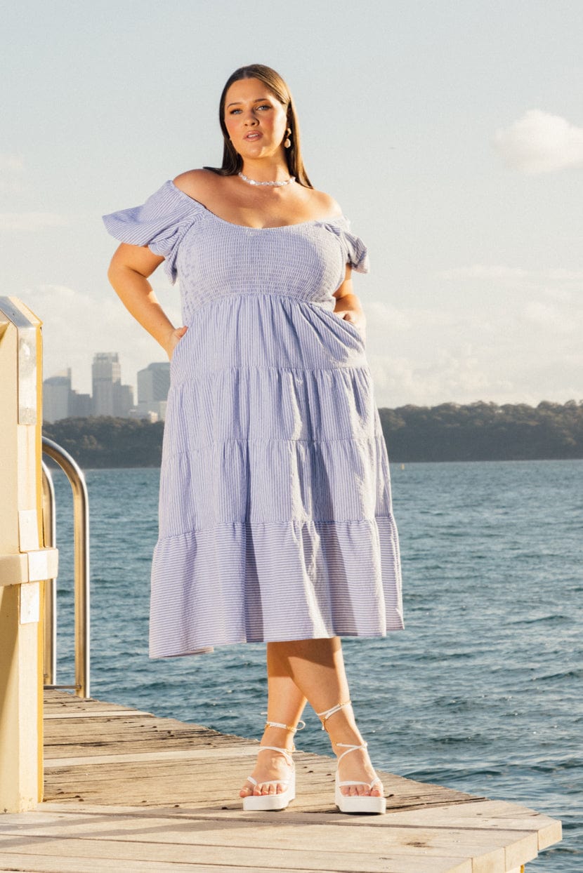 Blue Stripe Midi Dress Short Sleeve Tiered for YouandAll Fashion