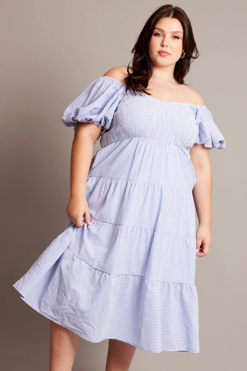 Blue Stripe Midi Dress Short Sleeve Tiered for YouandAll Fashion