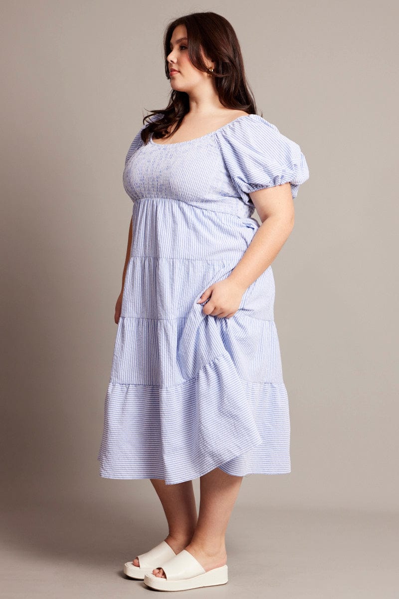 Blue Stripe Midi Dress Short Sleeve Tiered for YouandAll Fashion