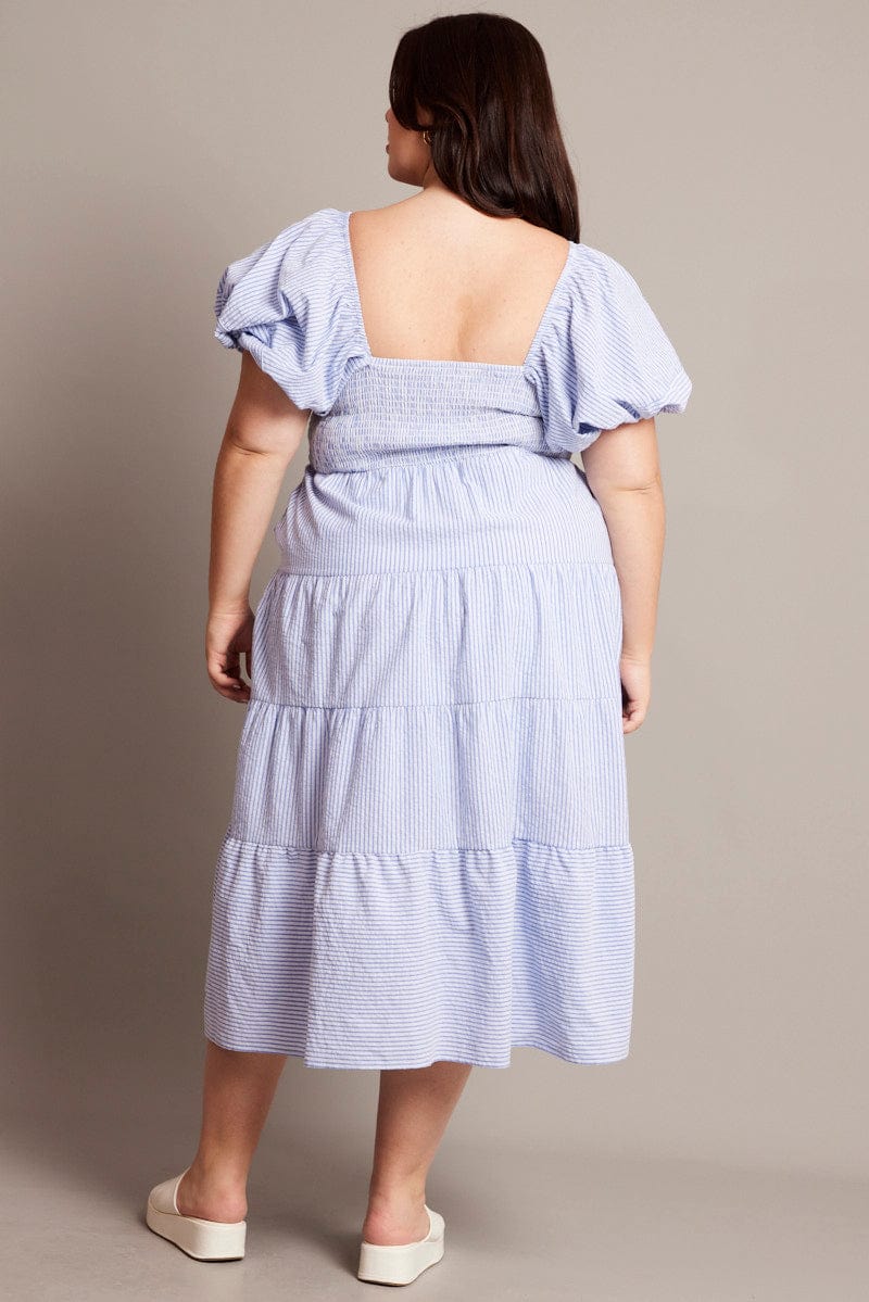 Blue Stripe Midi Dress Short Sleeve Tiered for YouandAll Fashion