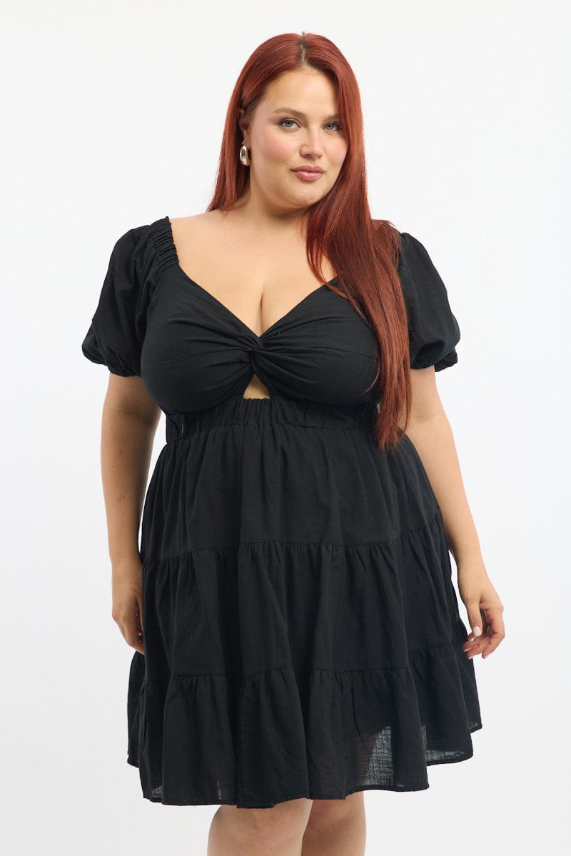 Black Twist Front Puff Sleeve Elastic Detail Minidress for YouandAll Fashion