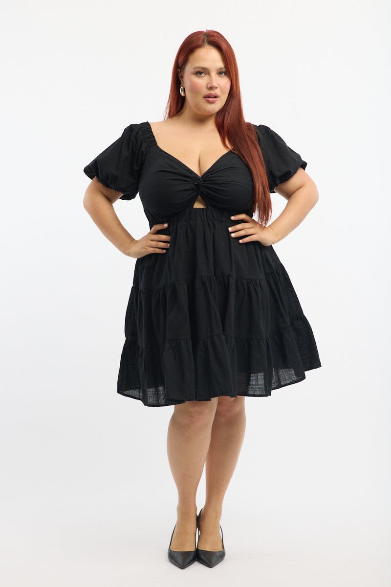 Black Twist Front Puff Sleeve Elastic Detail Minidress for YouandAll Fashion