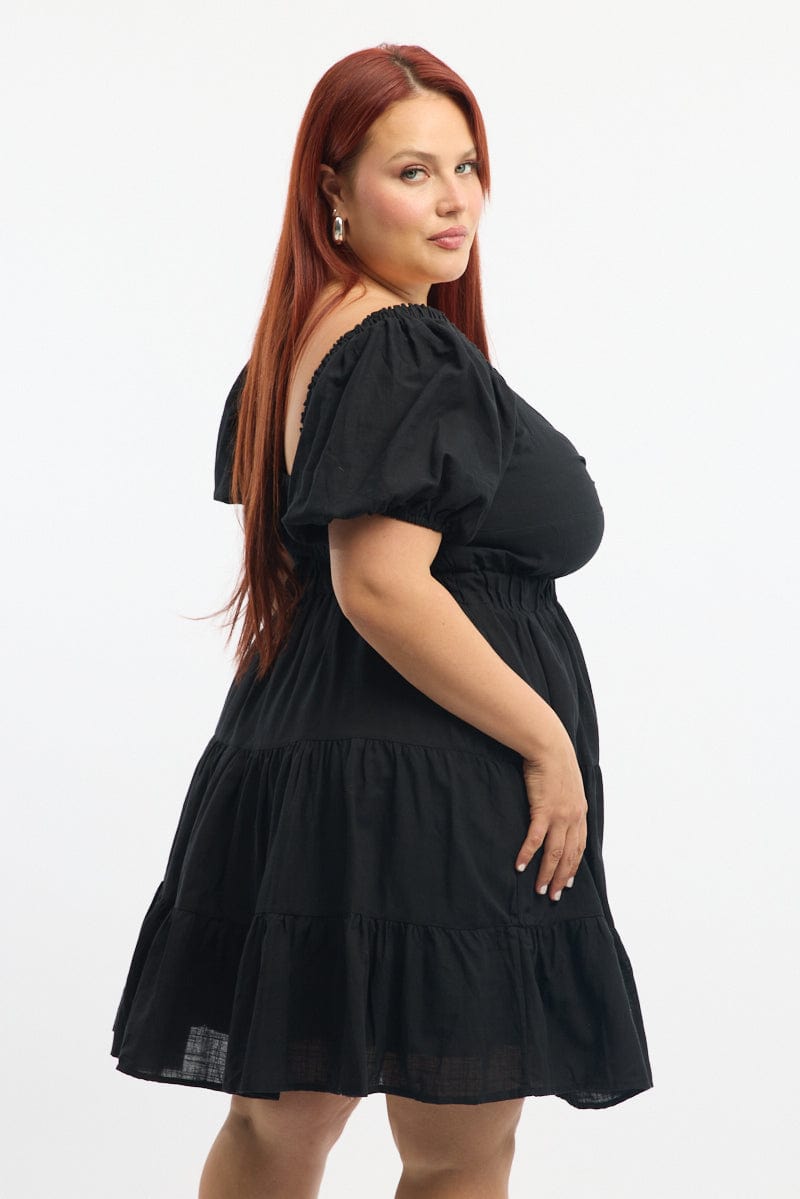 Black Twist Front Puff Sleeve Elastic Detail Minidress for YouandAll Fashion