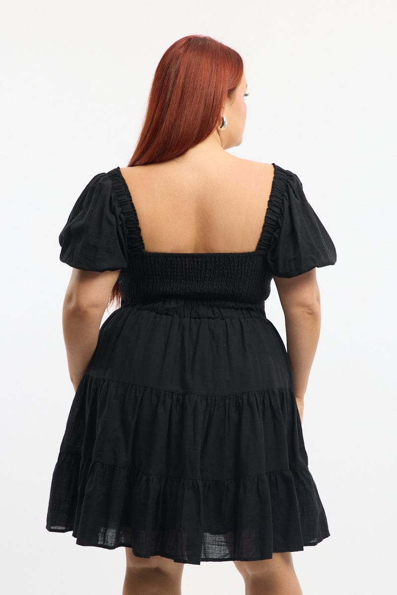 Black Twist Front Puff Sleeve Elastic Detail Minidress for YouandAll Fashion