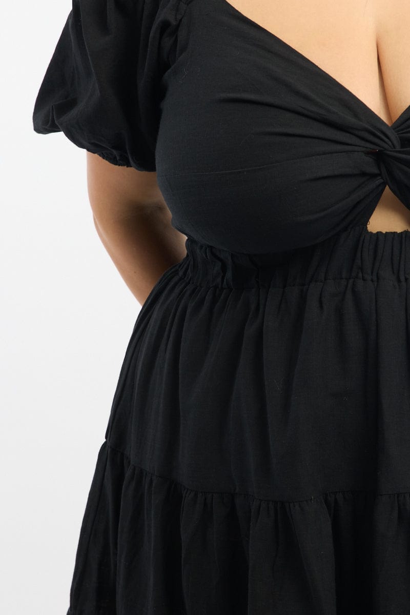 Black Twist Front Puff Sleeve Elastic Detail Minidress for YouandAll Fashion