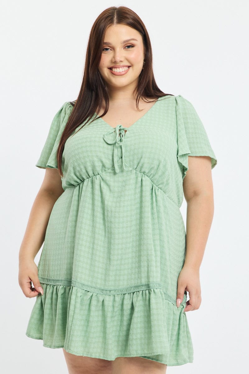 Green Smock Dress Short Sleeve Textured for YouandAll Fashion